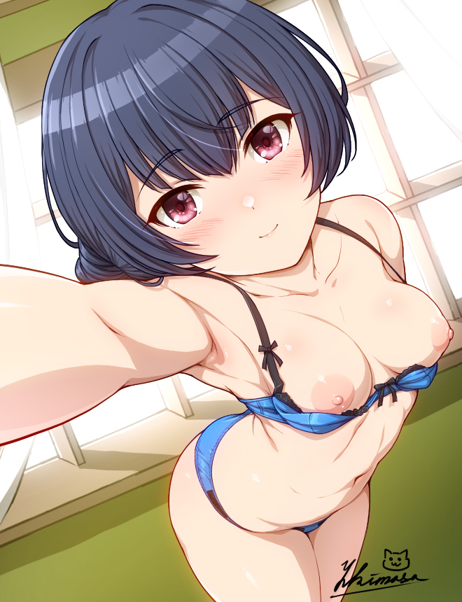 1girl armpits backless_dress backless_outfit bangs black_hair blue_bra blue_panties blush bra bra_pull breasts breasts_outside closed_mouth clothes_pull collarbone dress eyebrows_visible_through_hair hair_bun idolmaster idolmaster_shiny_colors leaning_forward looking_at_viewer medium_breasts morino_rinze navel nipples outstretched_arm panties red_eyes selfie shelf short_hair signature smile solo underwear underwear_only yukimasa_(nkk145)