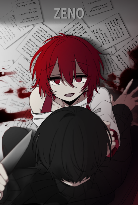 black_sweater blood braid clothing_cutout empty_eyes eyebrows_visible_through_hair hand_on_another's_face holding holding_knife knife maeno_aki papers red_hair sweater tsugino_haru ze_no_crime zeno