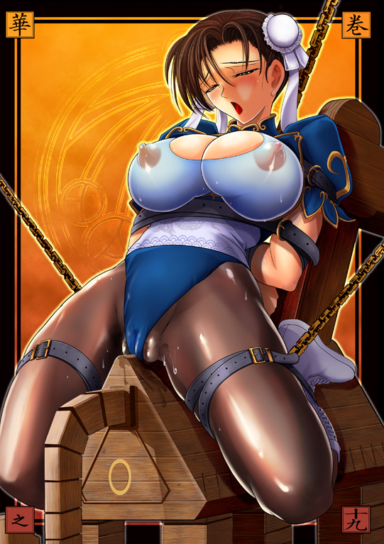bdsm blush bondage boots bound breasts brown_hair bun_cover cameltoe chun-li cleavage cleavage_cutout covered_nipples crotch_rub double_bun kawaraya_a-ta large_breasts pantyhose pussy_juice rob see-through skin_tight street_fighter wooden_horse
