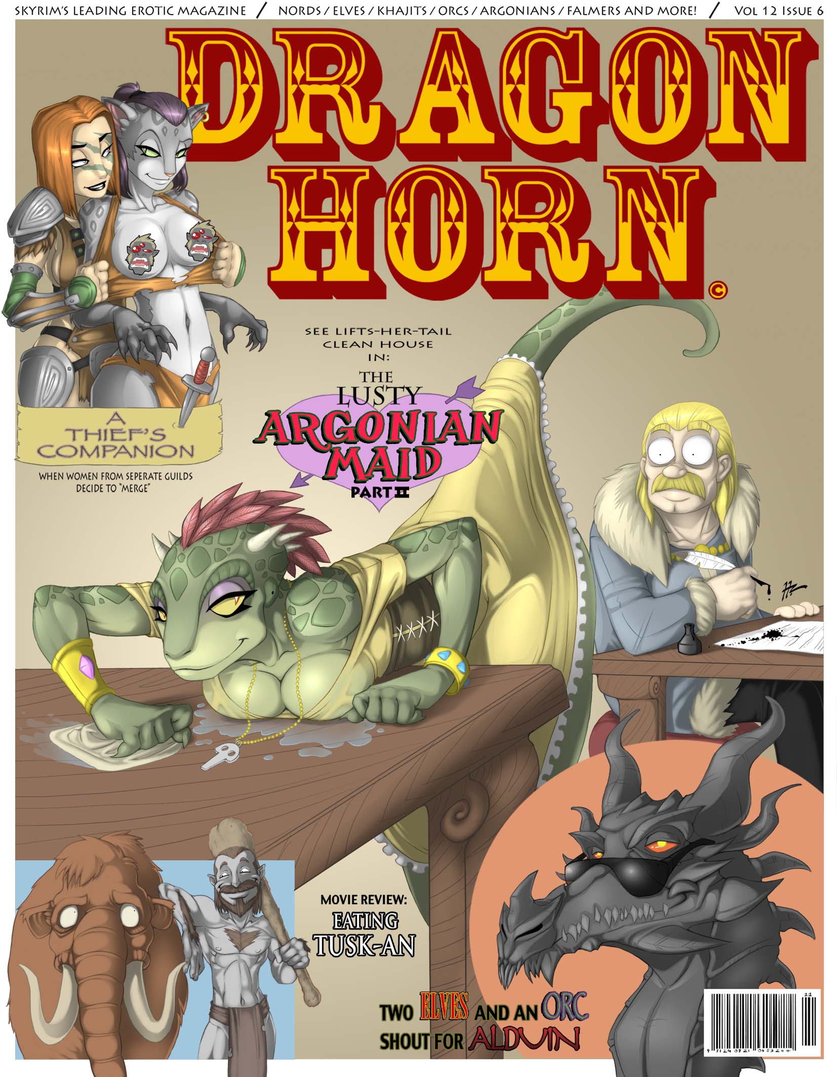 2012 alduin anthro argonian beard bethesda_softworks blunt-katana breasts censored cleaning clothed clothing club_(weapon) cover dagger dragon elephantid english_text eyewear facial_hair felid female hi_res horn human humor inkwell khajiit lifts-her-tail lusty_argonian_maid macro magazine_cover male mammal mammoth melee_weapon parody proboscidean raised_tail scalie skyrim suggestive sunglasses text the_elder_scrolls tusks video_games weapon