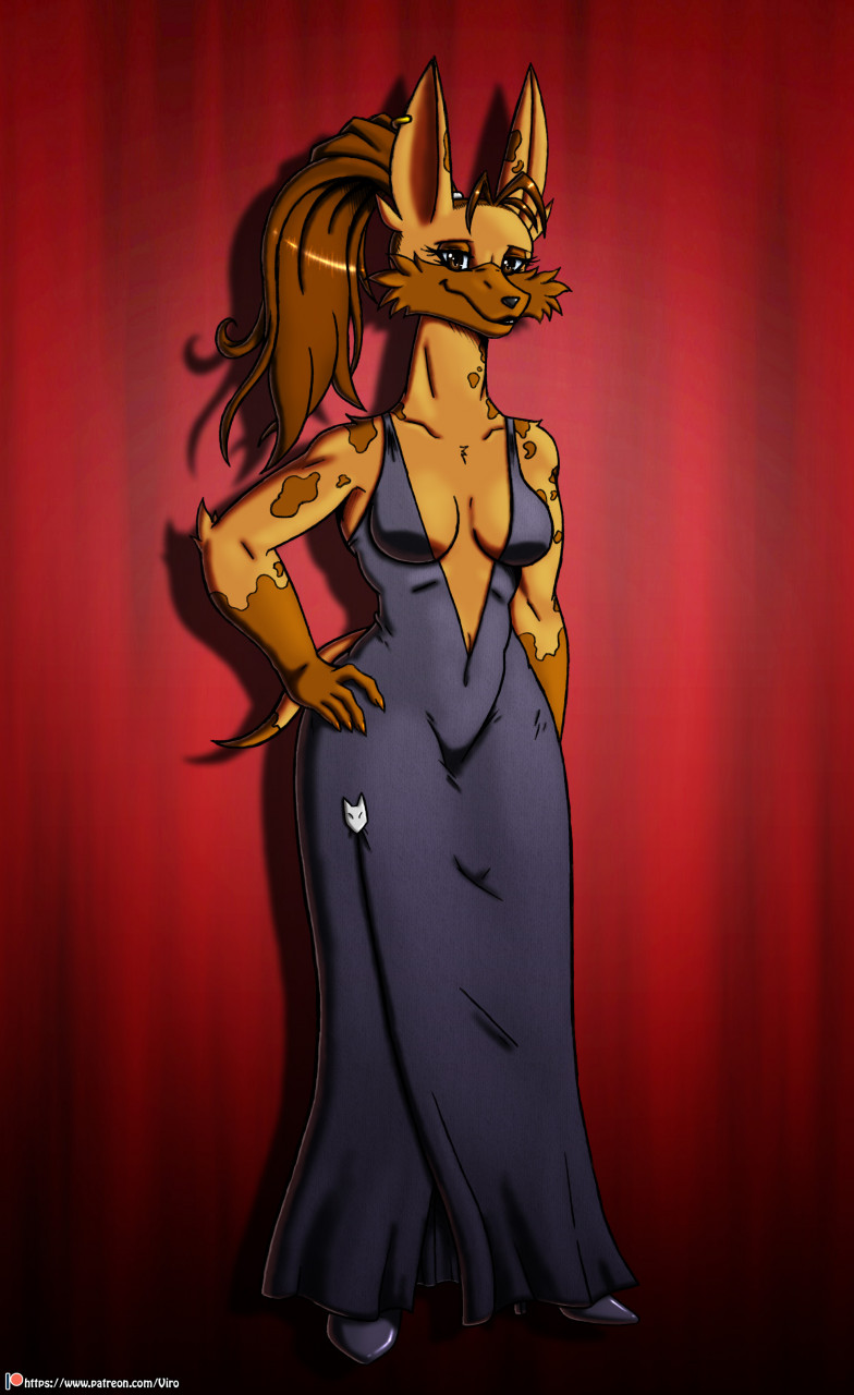 anthro black_circus breasts brown_eyes brown_hair canid canine canis clothed clothing digital_media_(artwork) dress female fur giraffe giraffid hair hand_on_hip hi_res hybrid jackal mammal mona_l'arc solo spots spotted_body spotted_fur viroveteruscy