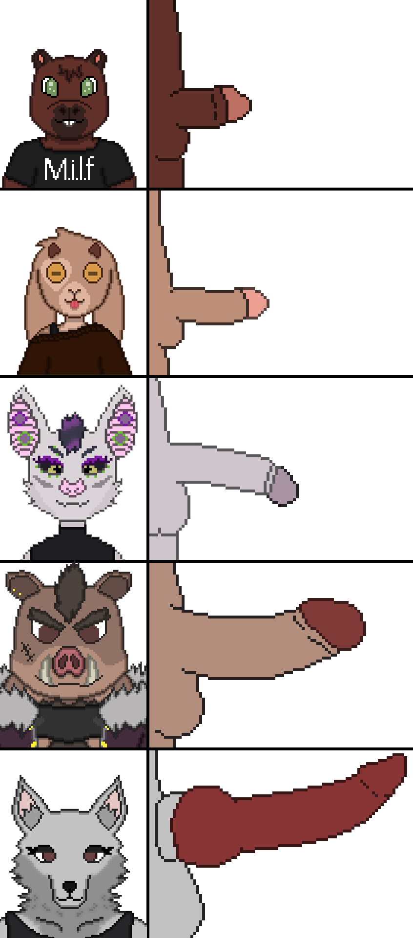 ambiguous_gender anthro balls big_ears big_penis black_lips black_nose black_sclera blep bovid brown_body brown_eyes brown_fur canid canine canis caprine capybara caviid chiropteran cloth clothed clothing comparing comparing_penis eyebrows eyelashes eyeshadow fangs flaccid fur genitals goat green_eyes group gynomorph hair hi_res horn inner_ear_fluff intersex lips long_ears long_eyelashes makeup male mammal mohawk penis penis_lineup piercing pink_nose purple_eyeshadow purple_hair rodent simple_background small_ears small_penis suid suina sus_(pig) thick_eyebrows tongue tongue_out toridiaz tuft tusks white_background white_body white_fur wild_boar wolf yellow_eyes yellow_sclera