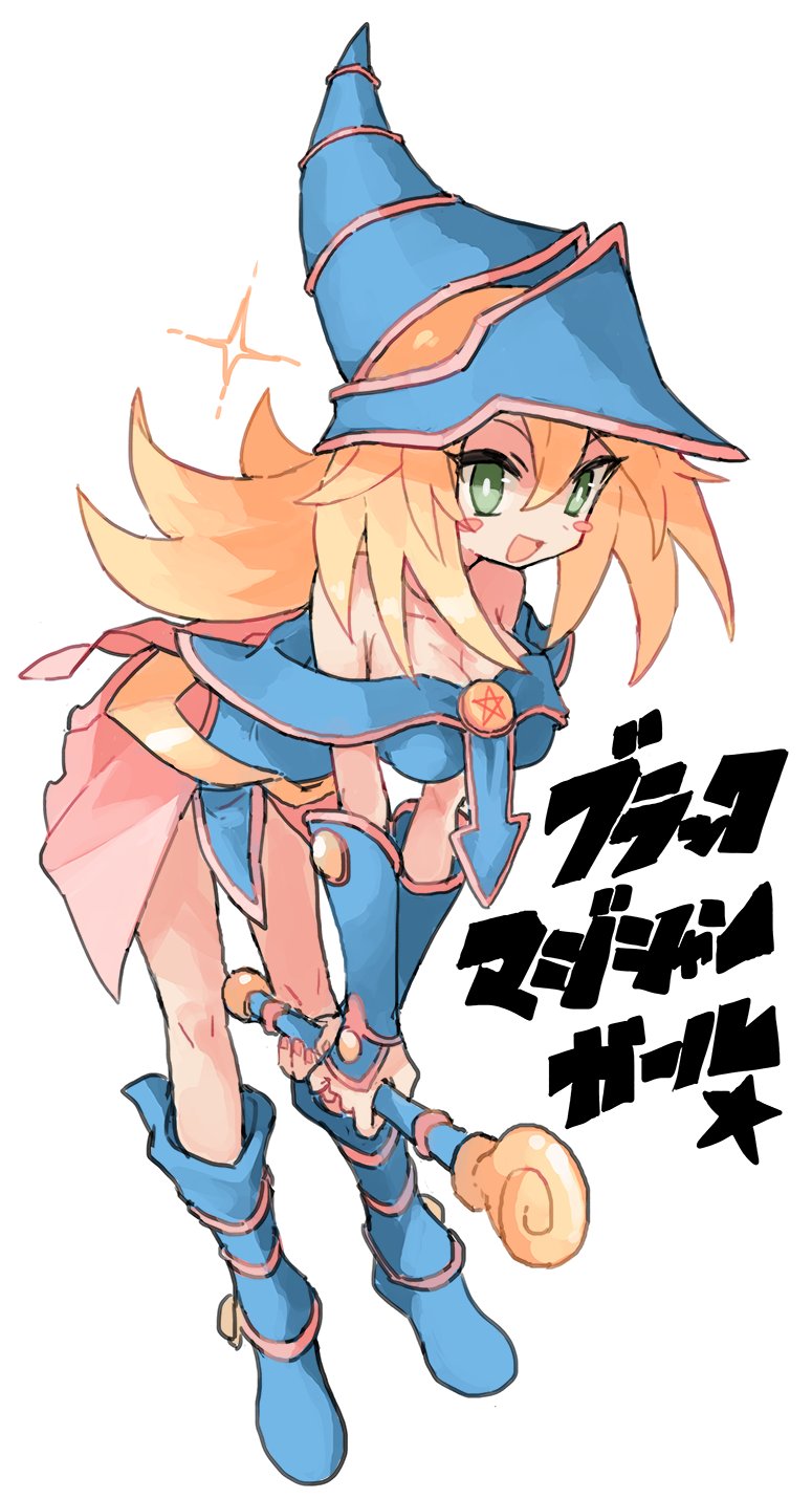 1girl bare_shoulders bent_over blonde_hair blue_footwear blue_headwear blush blush_stickers breasts cleavage collarbone dark_magician_girl green_eyes hair_between_eyes hat highres holding holding_wand kasa leaning leaning_forward long_hair looking_at_viewer off_shoulder open_mouth pentagram simple_background solo sparkle wand white_background yu-gi-oh!