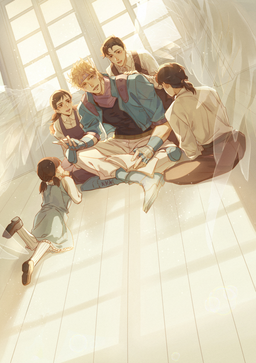 2girls 3boys angel_wings battle_tendency blonde_hair blue_dress blue_footwear blue_jacket book brown_hair caesar_anthonio_zeppeli dress dutch_angle facial_mark family feather_hair_ornament feathers fingerless_gloves gloves green_eyes hair_ornament headband hermithessa highres jacket jojo_no_kimyou_na_bouken male_focus multiple_boys multiple_girls pink_scarf reading scarf short_ponytail short_twintails siblings suspenders translucent twintails wings