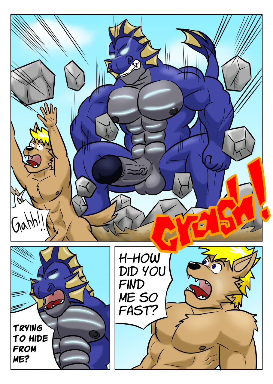 abs angry anthro aquatic_dragon arms_above_head balls big_penis blonde_hair blue_body blue_eyes blue_glow blue_scales brown_body brown_fur brown_penis canid canine canis clenched_teeth cloud comic destruction dialogue domestic_dog dragon duo ear_fins ear_frill english_text erection fin found frill_(anatomy) fur genitals gharn_(vju79) glowing glowing_eyes grey_body grey_penis grey_scales guss_(vju79) hair head_crest head_fin head_frill hi_res male male/male mammal marine muscular muscular_anthro muscular_arms muscular_male nipples nude onomatopoeia outside pecs penis rock rubble running sand scales scalie scared screaming sky sound_effects stomping tail_fin tail_frill teeth text vein veiny_penis vju79 wide_eyed wolf