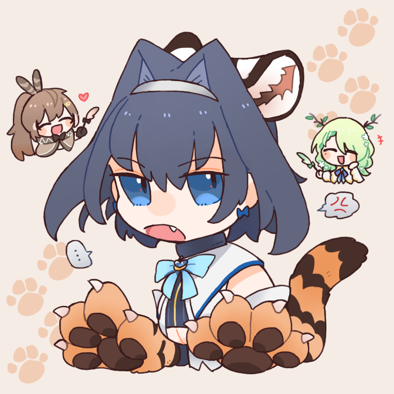 animal_ears animal_hands animal_print bow bow_earrings brown_hair cat_teaser ceres_fauna earrings feather_hair_ornament feathers hair_ornament hololive hololive_english jewelry long_hair multiple_girls nanashi_mumei ouro_kronii paw_print paw_print_background ponytail ribbon_earrings roro860512 tiger_ears tiger_print virtual_youtuber