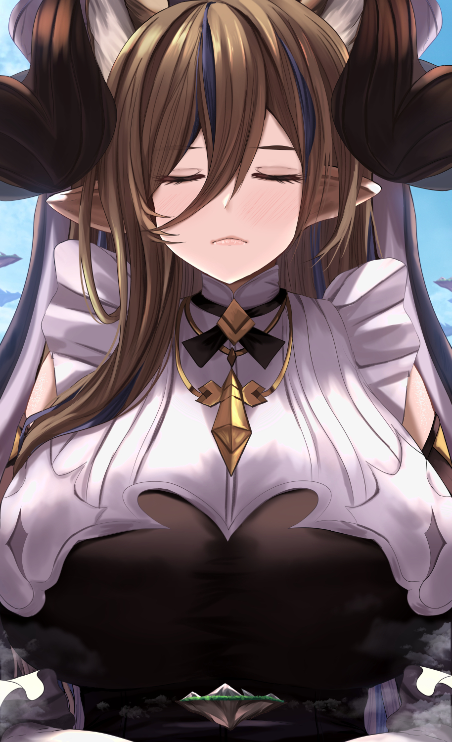 1girl animal_ears bangs bare_shoulders black_dress black_legwear blush breasts brown_hair closed_eyes detached_sleeves dress extra_ears galleon_(granblue_fantasy) granblue_fantasy highres horns kanzaki_kureha large_breasts long_hair long_sleeves pointy_ears revision solo very_long_hair