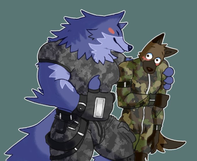 4_fingers anthro belt biceps blue_body blue_fur blush blush_stickers bottomwear brown_body brown_fur camo camo_clothing camo_print camo_topwear canid canine canis claws clothed clothing countershading digital_media_(artwork) domestic_dog duo elbow_tufts embarrassed eyes_closed finger_claws fingerless_gloves fingers fleshformomo fully_clothed fur german_shepherd gesture gloves hand_on_arm handwear herding_dog jayden_(fleshformomo) legwear male mammal military_uniform monotone_body muscular muscular_anthro muscular_male neck_tuft pants pastoral_dog pattern_bottomwear pattern_clothing pattern_legwear pattern_topwear pecs shirt shy simple_background size_difference sleeves smile t-shirt thumbs_up topwear tuft uniform wide_eyed wolf