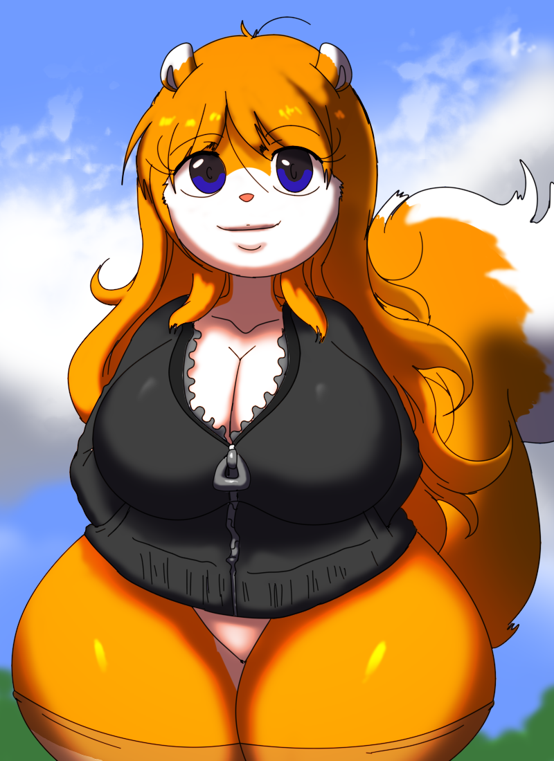 anthro blue_eyes breasts cleavage clothed clothing conker conker's_bad_fur_day female forest fur hands_in_pockets hoodie looking_at_viewer mammal orange_body orange_fur panties plant pockets rareware rodent sciurid short_stack smile solo topwear tree underwear video_games white_panties wide_hips young zaviel