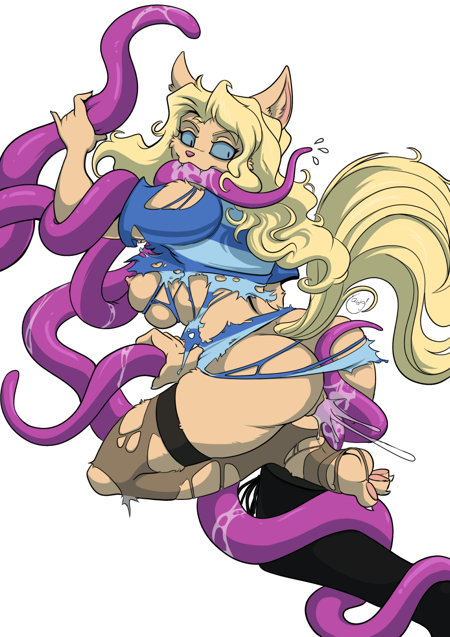 2018 alpha_channel anthro bite blonde_hair breasts butt cheese_quesadilla claws clothing felid female fur genitals hair hi_res legwear looking_back mammal nipples pussy simple_background smile solo stockings tan_body tan_fur tentacles toe_pads torn_clothing torn_legwear torn_stockings transparent_background yawg