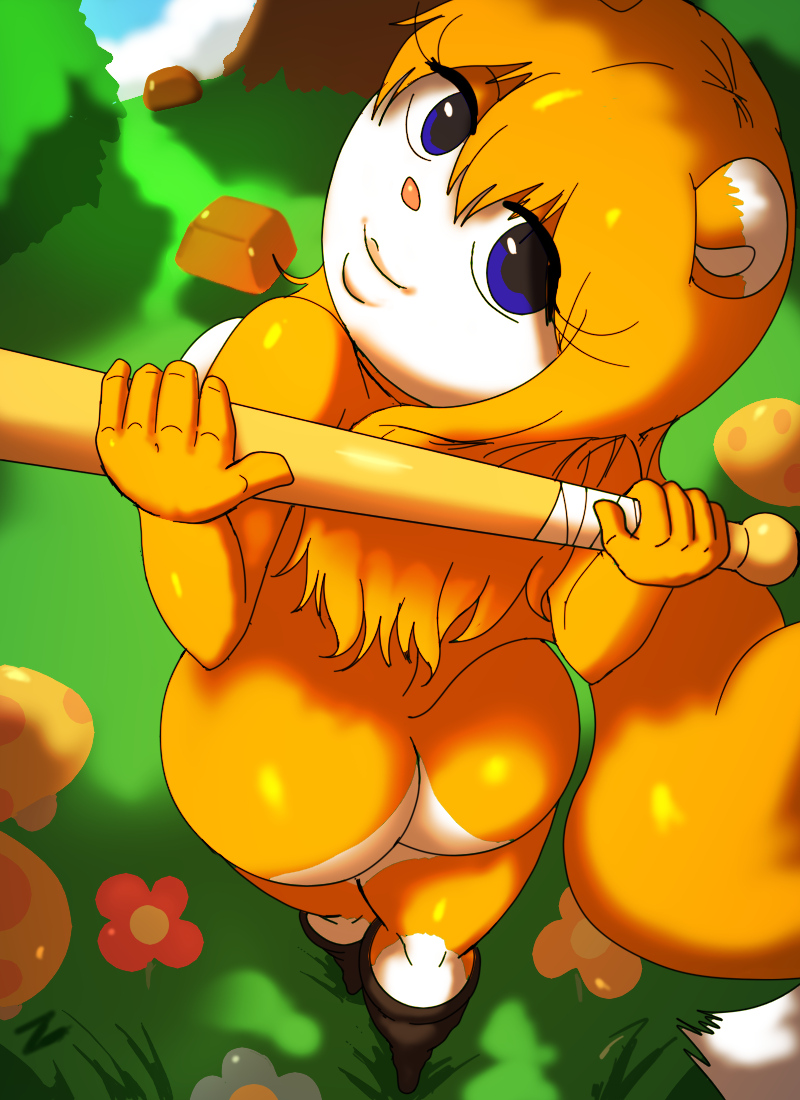 anthro baseball_bat bat_(object) big_butt blue_eyes boots bottomless breasts butt candy chocolate clothed clothing conker conker's_bad_fur_day crossgender dessert female flower food footwear forest fungus fur looking_at_viewer looking_back mammal mushroom nude orange_body orange_fur plant rareware rodent sciurid short_stack smile solo tree video_games young zaviel