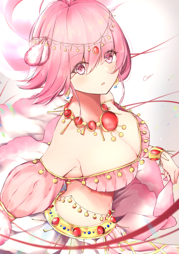 1girl breasts circlet cleavage coro_(corota_5656) cyclamen_(flower_knight_girl) dancer detached_sleeves flower_knight_girl jewelry large_breasts looking_at_viewer navel necklace pink_eyes pink_hair pink_sleeves short_hair signature solo upper_body