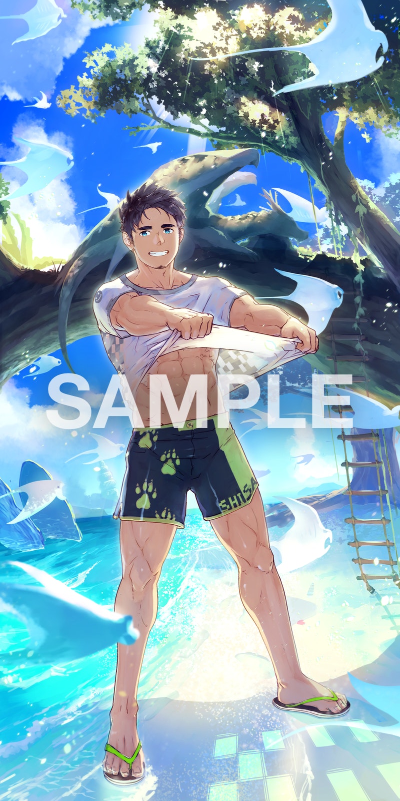 1boy abs bara bird black_male_swimwear brown_hair clothes_lift commission facial_hair full_body goatee green_eyes grin highres male_focus male_swimwear nipples original paw_print print_male_swimwear sample sandals shirt_lift short_hair sideburns skeb_commission smile solo stomach swim_trunks thick_eyebrows tokonatu toned toned_male tree water