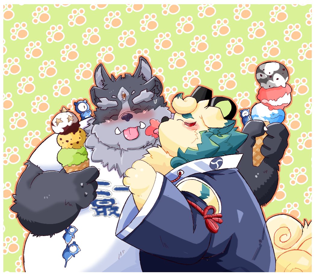 agyou anthro asian_mythology belly blush cheek_lick dessert duo east_asian_mythology face_lick foo_dog food ginsingoo1 ice_cream ice_cream_cone japanese_mythology komainu licking lifewonders male male/male mammal mythology overweight tokyo_afterschool_summoners tongue tongue_out tsathoggua video_games yōkai