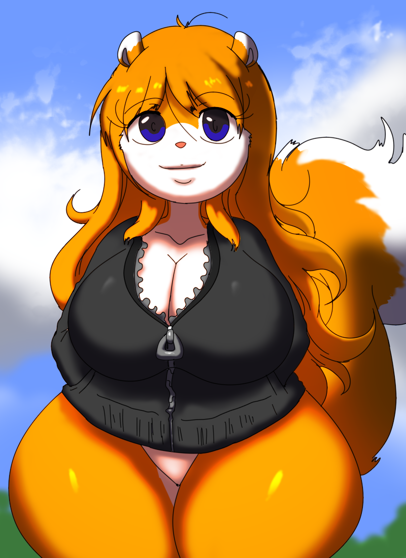 anthro blue_eyes breasts cleavage clothed clothing conker conker's_bad_fur_day crossgender female forest fur hands_in_pockets hoodie looking_at_viewer mammal orange_body orange_fur panties plant pockets rareware rodent sciurid short_stack smile solo topwear tree underwear video_games white_panties wide_hips young zaviel