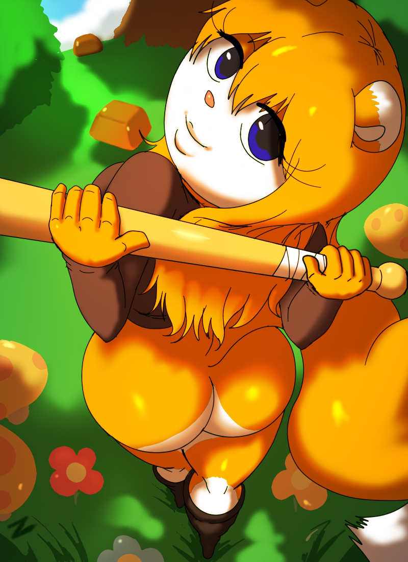 anthro baseball_bat bat_(object) big_butt blue_eyes boots bottomless bottomwear breasts butt candy chocolate clothed clothing conker conker's_bad_fur_day crossgender dessert female flower food footwear forest fungus fur hotpants looking_at_viewer looking_back mammal mushroom orange_body orange_fur plant rareware rodent sciurid short_stack shorts smile solo sweater topwear tree video_games young zaviel