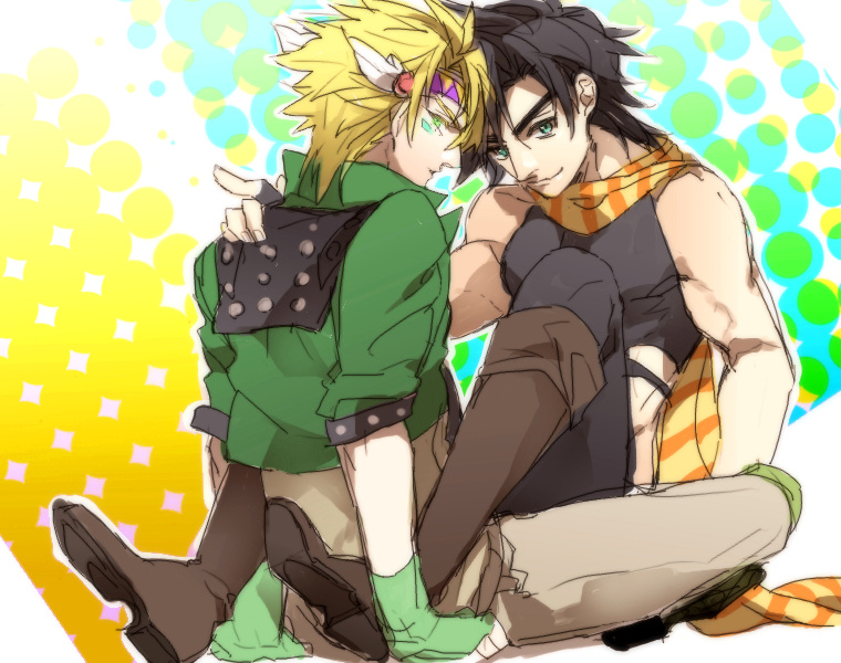 2boys blonde_hair boots brown_hair caesar_anthonio_zeppeli chikusawa crop_top cropped_jacket facial_mark feather_hair_ornament feathers fingerless_gloves gloves glowing_markings green_jacket hair_ornament headband jacket jojo_no_kimyou_na_bouken joseph_joestar joseph_joestar_(young) leg_between_thighs male_focus multiple_boys