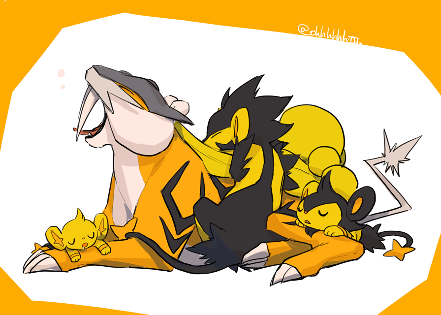 alternate_color closed_eyes drooling evolutionary_line luxio luxray no_humans ohhhhhhtsu open_mouth pokemon pokemon_(creature) raikou shinx shiny_pokemon sleeping tongue tongue_out tusks twitter_username yawning