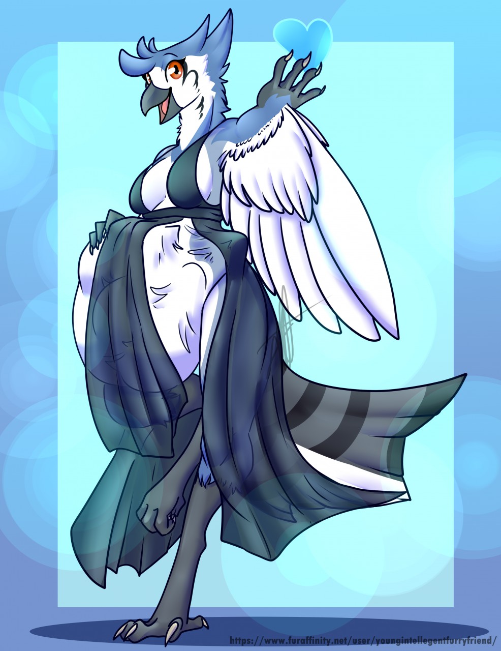 &lt;3 2020 4_fingers 4_toes abdominal_bulge after_vore anisodactyl anthro anthro_pred avian beak belly big_belly biped bird bird_feet black_eyebrows black_eyelashes blue_background blue_body blue_feathers blue_jay bottomwear breasts claws cleavage clothed clothing corvid curvy_figure digital_media_(artwork) digitigrade dress eyebrows feathered_wings feathers feet female female_pred finger_claws fingers front_view fully_clothed grey_beak grey_body grey_feathers hand_on_stomach hi_res holding_belly jay_(bird) larger_pred looking_at_viewer midriff multicolored_body multicolored_feathers new_world_jay non-mammal_breasts open_beak open_mouth open_smile orange_eyes oscine passerine pink_tongue pose scuted_arms scutes shaded shadow signature simple_background skimpy smile soft_vore solo toe_claws toe_curl toes tongue topwear translucent translucent_clothing translucent_dress unseen_character vore white_body white_claws white_feathers wide_hips winged_arms wings young_intellegent_furry_friend zentha_(omega_code93)