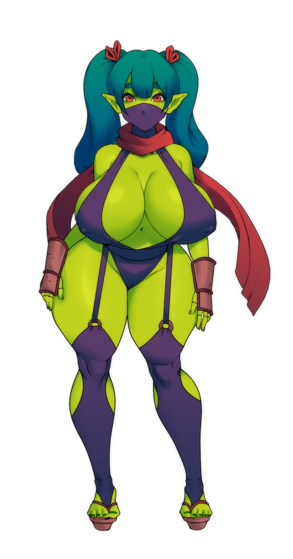 big_breasts breasts clothing erect_nipples female footwear goblin green_body green_hair green_skin hair hi_res huge_breasts humanoid jay-marvel mask mitzy_the_gobbo ninja nipples red_bow red_eyes sandals scarf solo thick_thighs warrior
