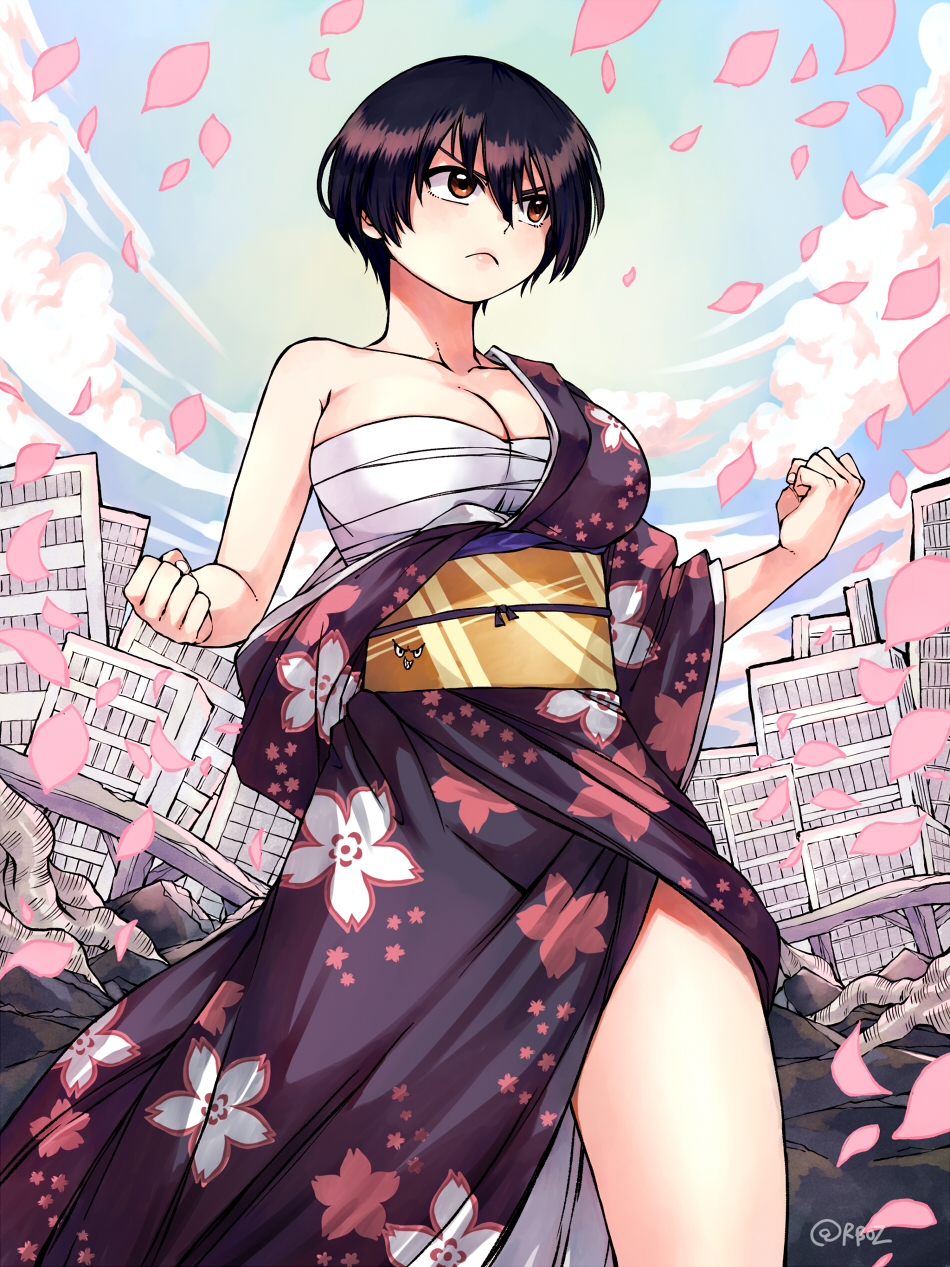 1girl bare_arms black_hair blue_sky breasts brown_eyes building clenched_hand closed_mouth cloud cloudy_sky commentary cowboy_shot frown hair_between_eyes highres izumo_fuuko japanese_clothes kimono large_breasts looking_away outdoors petals rusky sarashi short_hair sky skyscraper tumblr_username undead_unluck