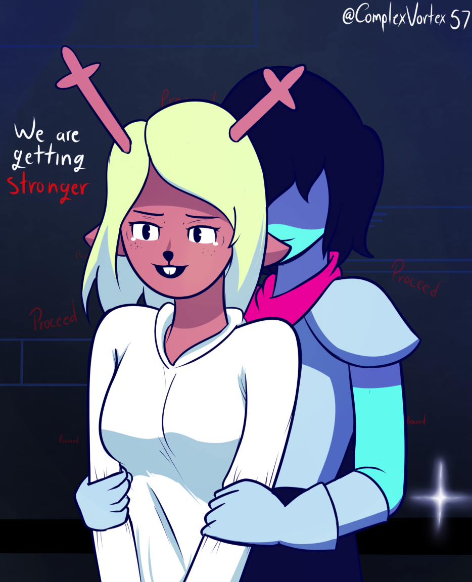 2021 ambiguous_gender anthro antlers black_hair blonde_hair bodily_fluids buckteeth capreoline cervid clothing complex_vortex deltarune dialogue duo english_text female freckles grabbing_from_behind hair horn human kris_(deltarune) mammal noelle_holiday open_mouth reindeer signature simple_background tears teeth text undertale_(series) video_games