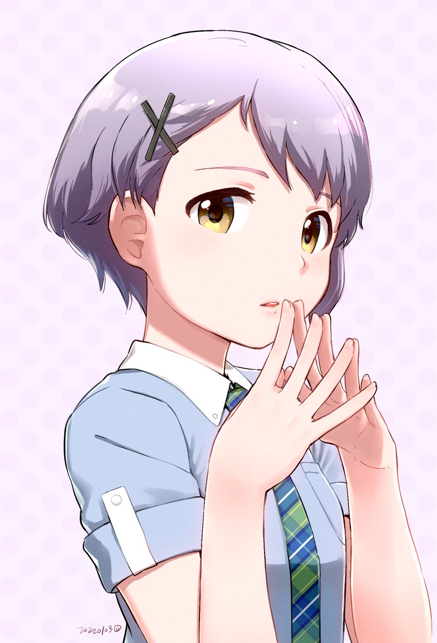 blue_shirt breasts commentary_request ears eyebrows hair_ornament hairclip highres idolmaster idolmaster_million_live! idolmaster_million_live!_theater_days looking_at_viewer makabe_mizuki nagian necktie open_mouth own_hands_together polka_dot polka_dot_background purple_background purple_hair shirt short_bangs short_hair short_sleeves small_breasts solo wing_collar yellow_eyes