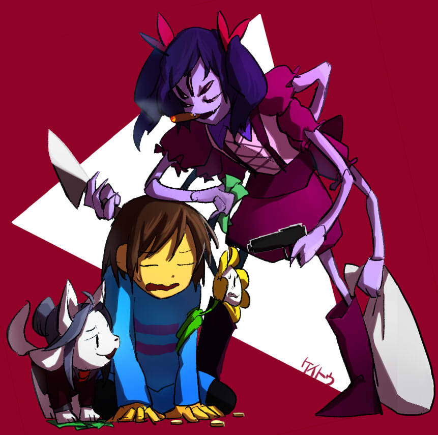 anthro arachnid arthropod bag canid canine clothed clothing coin felid feline flowey_the_flower fur gun hair keitou-tztt knife mammal money muffet open_mouth protagonist_(undertale) ranged_weapon simple_background spider suit tem temmie_(undertale) topwear undertale undertale_(series) video_games weapon white_body white_fur