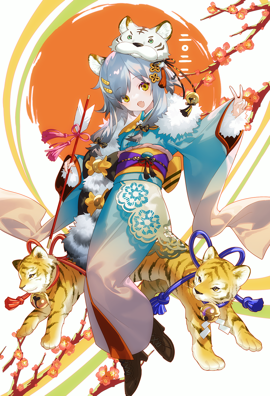 1girl :d animal animal_ear_fluff animal_ears arrow_(projectile) bangs bell black_footwear blue_kimono boots branch brown_eyes chinese_zodiac commentary_request eyebrows_visible_through_hair fang flower full_body grey_hair hair_ornament hairclip hamaya high_heel_boots high_heels highres holding holding_arrow japanese_clothes jingle_bell kimono long_hair long_sleeves looking_at_viewer obi original red_flower sash sleeves_past_wrists smile solo tiger tiger_ears tiger_hat v white_background wide_sleeves yamiko year_of_the_tiger