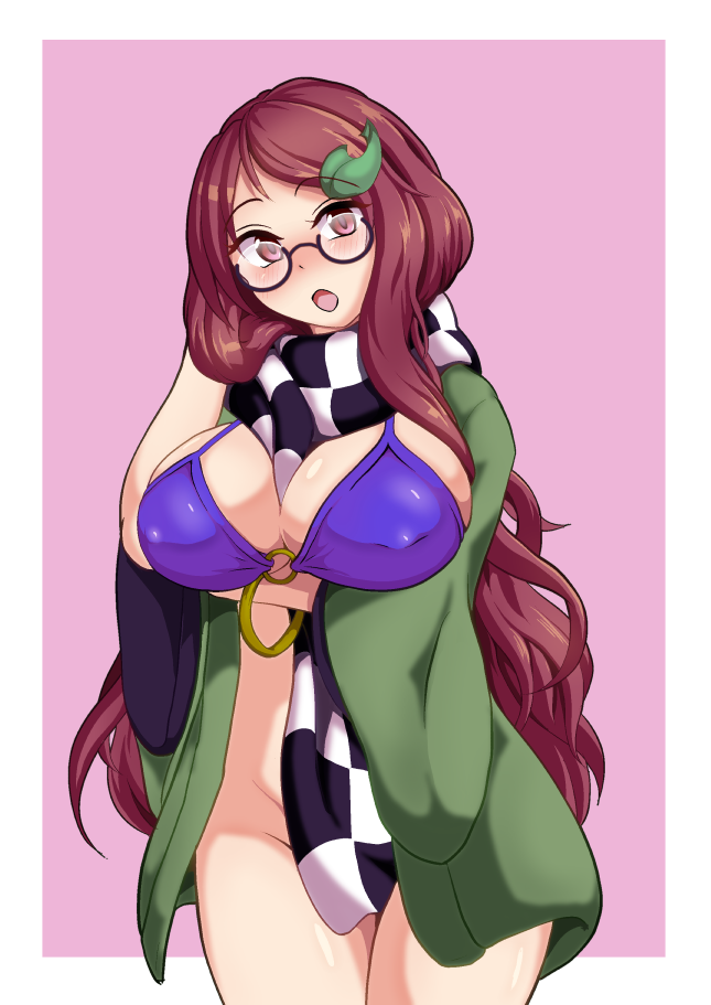 1girl arm_under_breasts bangs bikini blush border brown_eyes brown_hair brown_pupils checkered_clothes checkered_scarf coat convenient_censoring covered_nipples cowboy_shot eyebrows_visible_through_hair futatsuiwa_mamizou futatsuiwa_mamizou_(human) green_coat hair_ornament hand_in_hair head_tilt leaf_hair_ornament long_hair long_sleeves looking_at_viewer nioti no_panties nose_blush o-ring o-ring_bikini o-ring_top open_mouth outside_border pink_background purple_bikini scarf semi-rimless_eyewear shiny shiny_clothes shiny_hair shiny_skin simple_background solo stomach swimsuit thighs touhou under-rim_eyewear very_long_hair white_border