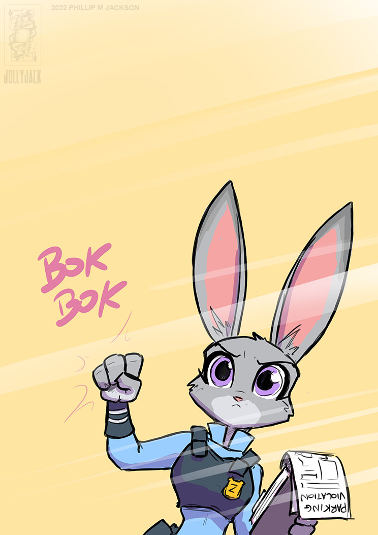 2022 anthro badge clothed clothing conditional_dnp disney english_text female fur grey_body grey_fur jollyjack judy_hopps knocking lagomorph leporid looking_at_viewer mammal notebook pink_body police police_badge police_uniform purple_eyes rabbit simple_background solo sound_effects text uniform window yellow_background zootopia