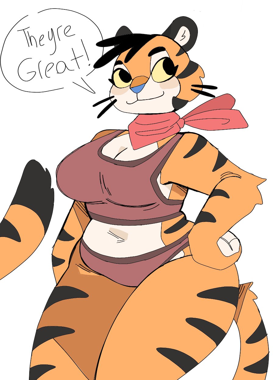 2022 anthro belly big_breasts biped black_ears black_eyebrows black_eyes black_hair black_stripes blue_nose bra breasts cheek_tuft chubby_female clothed clothing crossgender curvy_figure digital_media_(artwork) eyebrows facial_markings facial_tuft felid frosted_flakes fur hair hand_on_hip head_markings hi_res inner_ear_fluff kellogg's looking_aside mammal markings mascot multicolored_body multicolored_fur navel neckwear orange_body orange_fur pantherine panties portrait puppychan48 red_bra red_clothing red_neckwear red_panties red_underwear shaded shoulder_tuft simple_background simple_shading slightly_chubby smile solo sports_bra standing striped_face striped_markings striped_tail stripes tail_markings three-quarter_portrait tiger tony_the_tiger tuft underwear whiskers white_background white_belly white_face white_inner_ear white_inner_ear_fluff yellow_sclera
