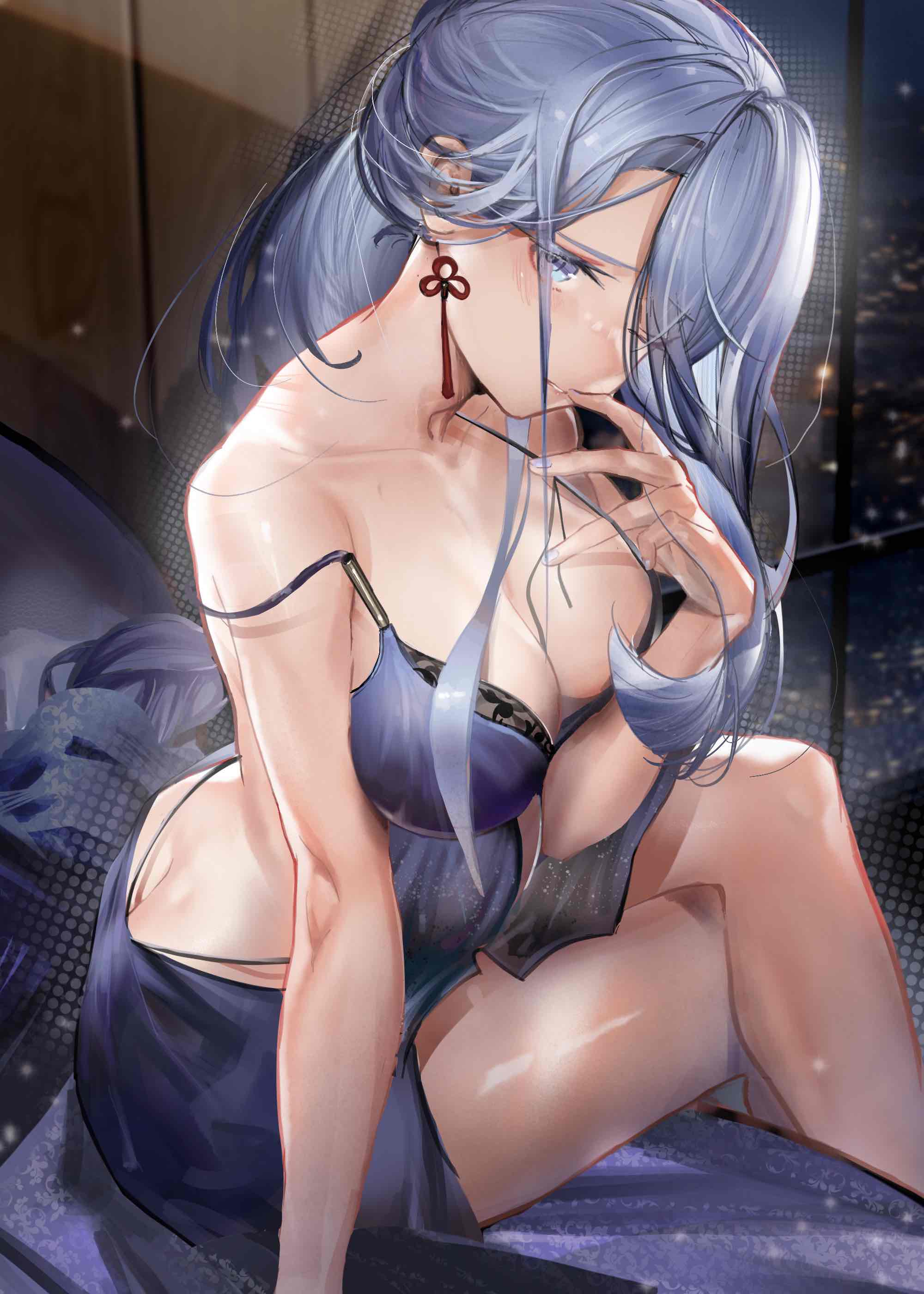 1girl absurdres bangs bare_shoulders blush breasts cleavage collarbone colored_eyelashes crossed_legs earrings eyelashes finger_to_mouth genshin_impact grey_eyes hair_over_one_eye highres indoors jewelry knees large_breasts lingerie long_hair looking_at_viewer nail_polish negligee nigoolas no_nose on_bed one_eye_closed shenhe_(genshin_impact) shiny shiny_hair shiny_skin silver_hair silver_nails solo tassel tassel_earrings thighs underwear window