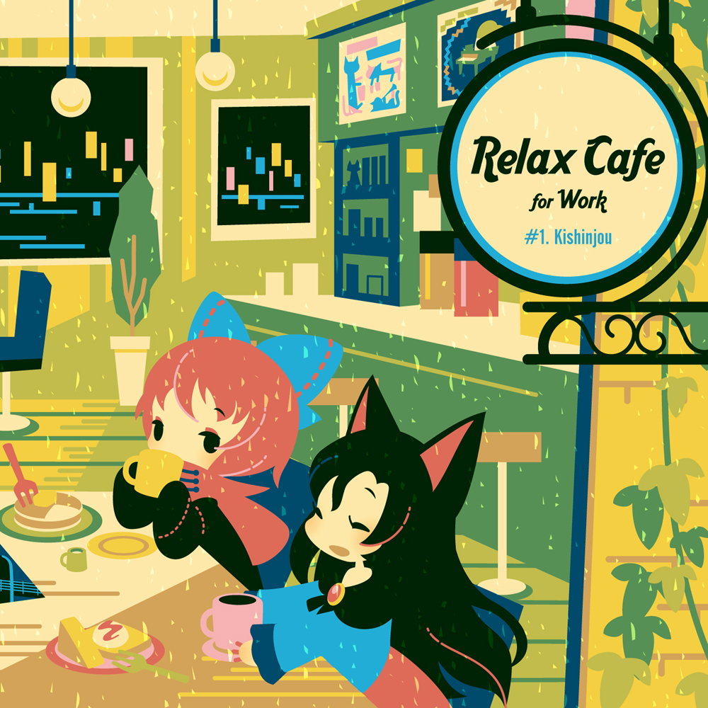 2girls album_cover animal_ears animal_print black_dress black_eyes blue_bow blue_dress blush bow brooch brown_hair cake cake_slice capelet cat_print chair closed_eyes cover cup dress drinking eyebrows_visible_through_hair food fork hair_bow holding holding_cup imaizumi_kagerou jewelry long_hair looking_at_another mug multiple_girls open_mouth pancake plant plate potted_plant red_capelet red_hair sekibanki shinonoko sitting table touhou wolf_ears