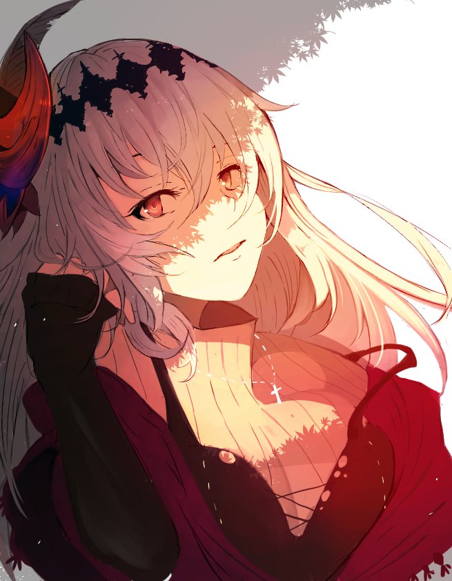 1girl casual dappled_sunlight dark_jeanne frown granblue_fantasy hair_ornament hairband jeanne_d'arc_(granblue_fantasy) long_hair red_eyes ribbed_sweater simple_background solo strap_slip sunlight sweater tiaki208 turtleneck turtleneck_sweater white_background