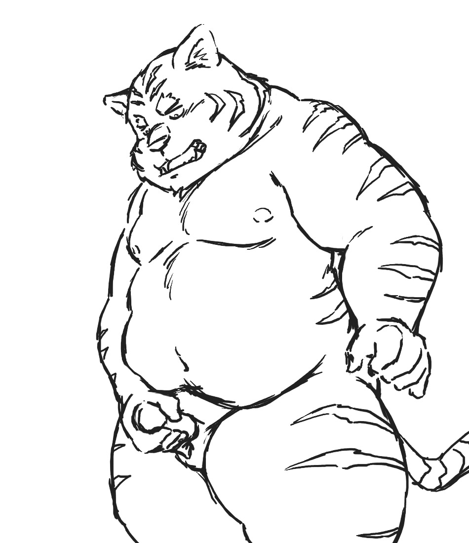 2022 anthro belly dekatanu felid genitals humanoid_genitalia humanoid_hands humanoid_penis kemono male mammal masturbation moobs navel nipples overweight overweight_male pantherine penis simple_background sketch solo tiger white_background