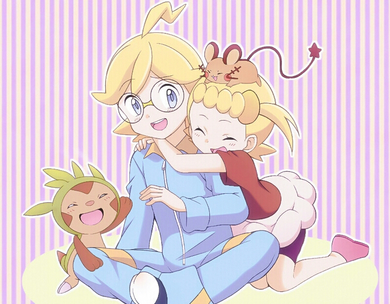 1boy 1girl :d bike_shorts blonde_hair blue_jumpsuit blush bonnie_(pokemon) brother_and_sister brown_shirt chespin clemont_(pokemon) closed_eyes commentary_request dedenne eyelashes glasses grey_eyes hug hug_from_behind jumpsuit kouzuki_(reshika213) long_sleeves on_head open_mouth pink_footwear pokemon pokemon_(anime) pokemon_(creature) pokemon_on_head pokemon_xy_(anime) round_eyewear shirt shoes short_hair short_sleeves siblings sitting skirt smile tongue white_skirt zipper_pull_tab