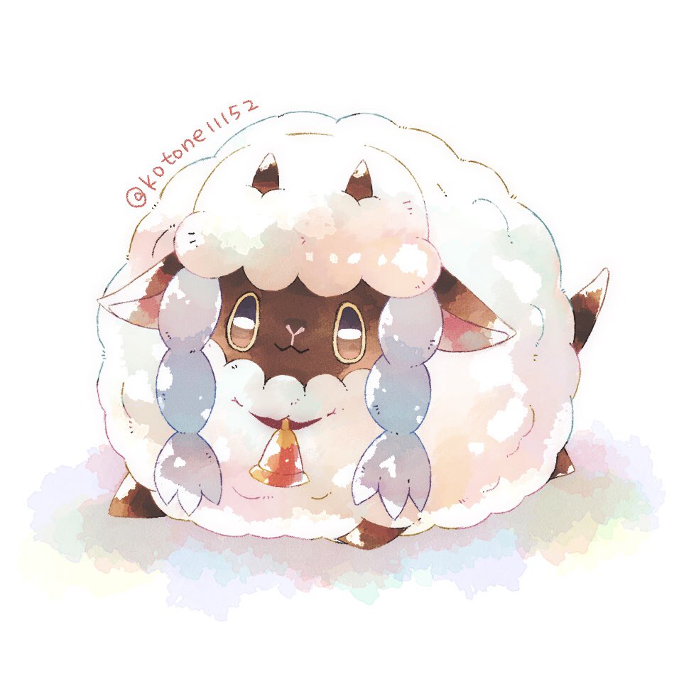 :3 animal_focus bell brown_eyes closed_mouth commentary_request imasara_maki looking_at_viewer lying no_humans on_stomach pokemon pokemon_(creature) sheep smile solo twitter_username wooloo