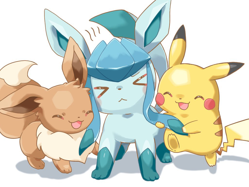 &gt;_&lt; :3 :d animal animal_focus closed_mouth cloud commentary eevee friends glaceon happy hug kana_(maple926) no_humans pikachu playing pokemon pokemon_(creature) shadow simple_background smile standing standing_on_one_leg toes white_background