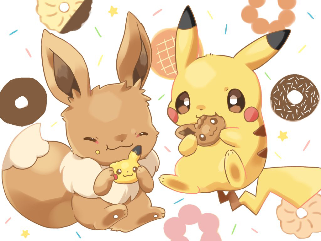 1boy 1girl :3 animal animal_focus bread brown_eyes closed_eyes closed_mouth commentary_request cookie doughnut eating eevee food food_bite food_on_face kana_(maple926) melon_bread mochi no_humans pastry pikachu pokemon pokemon_(creature) toes