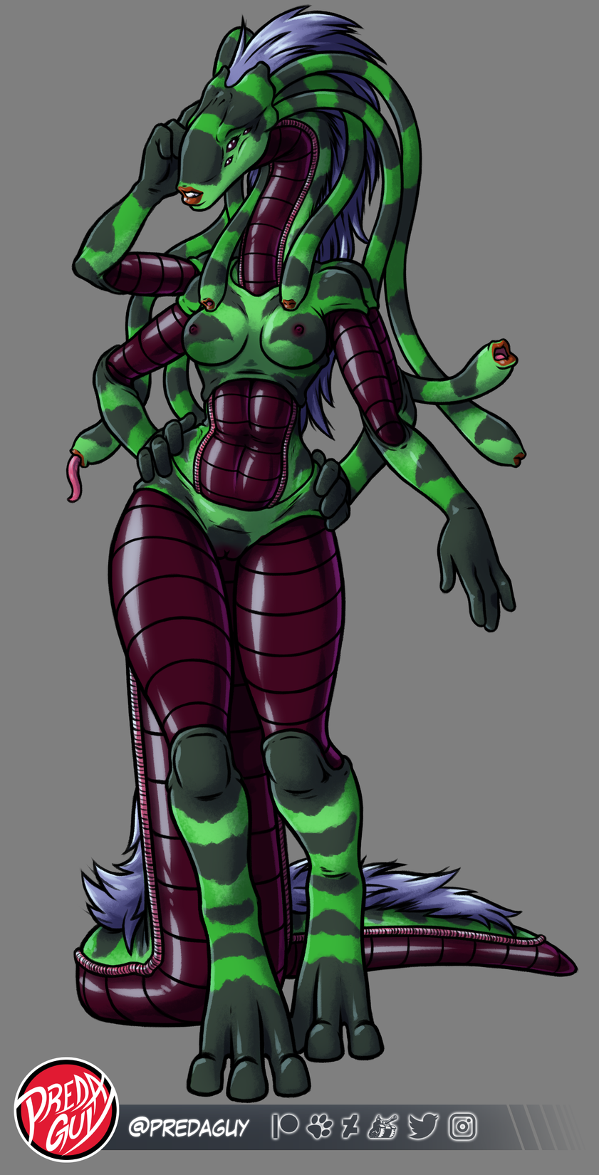 2022 3_toes 4_arms 4_fingers 6_eyes alien anthro areola artist_logo beady_eyes big_tail biped breasts cel_shading digital_drawing_(artwork) digital_media_(artwork) digitigrade eyelashes feet female fingers genitals glistening glistening_body glistening_scales glistening_tail green_body green_pseudo_hair grey_background hair hands_on_hips hi_res humanoid_hands lips logo long_neck long_tail looking_at_viewer mane medium_breasts multi_arm multi_eye multi_limb navel nipples nude open_mouth pink_tongue predaguy pseudo_hair purple_areola purple_body purple_eyes purple_hair purple_mane purple_nipples purple_pussy purple_scales pussy red_lips scales scalie shaded simple_background small_areola small_nipples small_waist snout solo striped_body stripes tail_mane tentacle_hair tentacle_mouth tentacles thick_tail thick_thighs toes tongue tongue_out unknown_species wide_hips zyangya_(predaguy)
