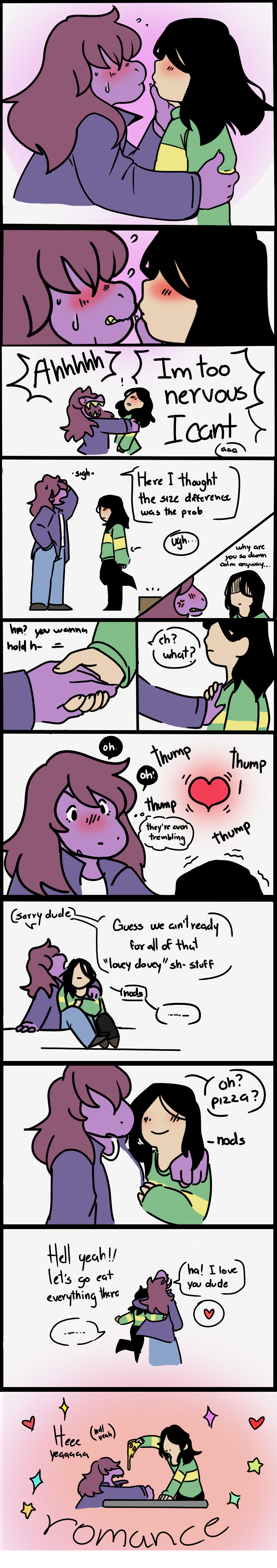 &lt;3 absurd_res ambiguous_gender animal_humanoid anthro blush dark_hair deltarune female food hair hand_holding hi_res human humanoid kissing kris_(deltarune) light_body light_skin long_image love mammal pizza purple_hair romantic romantic_couple rotten_dan scalie scalie_humanoid susie_(deltarune) tall_image undertale_(series) video_games