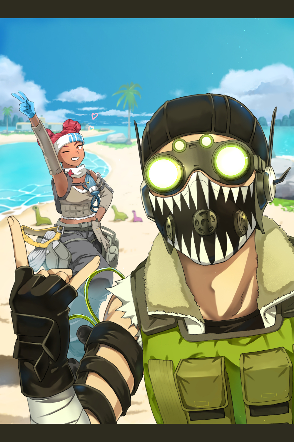 1boy 1girl \m/ apex_legends apmix beach black_gloves black_headwear black_pants blue_gloves breasts brown_tank_top cargo_pants cloud dark-skinned_female dark_skin detached_sleeves double_bun fingerless_gloves gloves goggles green_vest headband heart highres island letterboxed lifeline_(apex_legends) mask mouth_mask nessie_(respawn) octane_(apex_legends) one_eye_closed palm_tree pants sitting sky small_breasts smile storm_point_(apex_legends) stuffed_toy tank_top tree tropical v vest white_headband