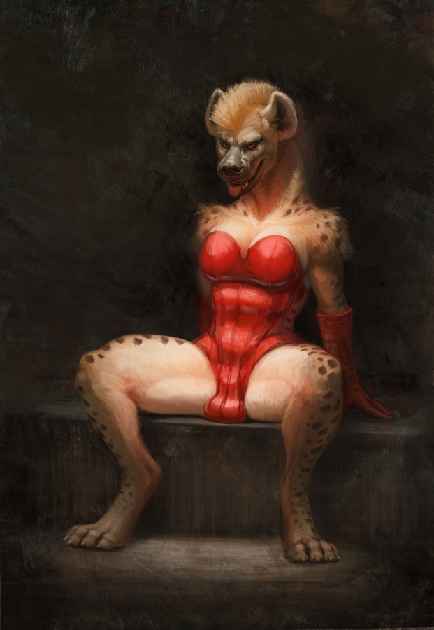 2021 4_toes anthro balls_outline biped black_nose breasts clothing digitigrade fangs feet fur genital_outline gloves gynomorph hair handwear hibbary hyaenid intersex lingerie mammal mohawk nipple_outline orange_hair painting_(artwork) photorealism red_clothing red_eyes shaded sheath_outline simple_background sitting solo spots spotted_body spotted_fur spotted_hyena spread_legs spreading teddy_(clothing) toes tongue tongue_out traditional_media_(artwork)