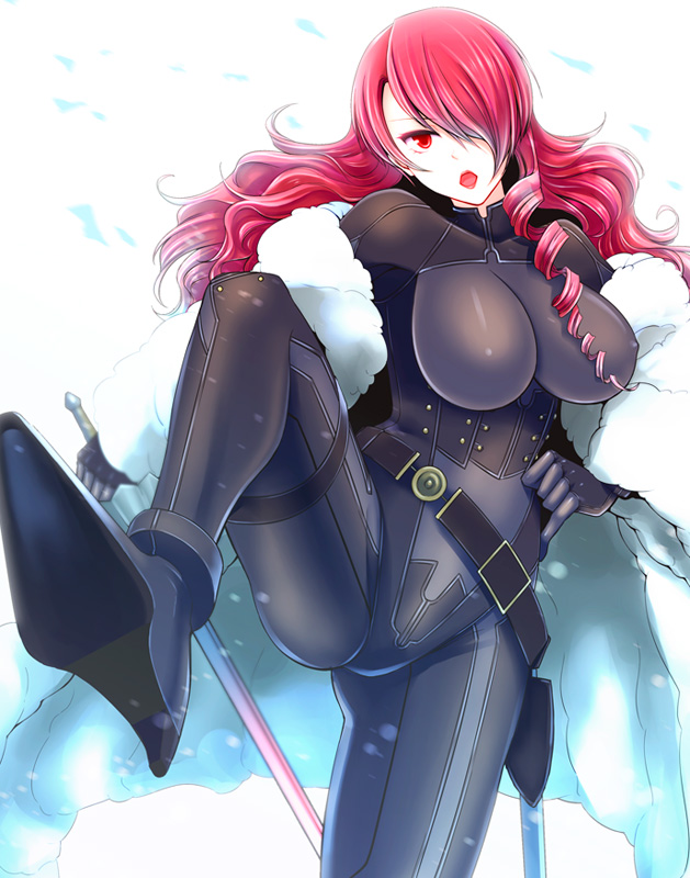 1girl black_bodysuit bodysuit breasts coat fur_coat hair_over_one_eye holding holding_sword holding_weapon kirijou_mitsuru large_breasts looking_at_viewer open_mouth persona persona_3 persona_4:_the_ultimate_in_mayonaka_arena red_eyes red_hair shibuki_oroshi simple_background solo sword weapon white_coat