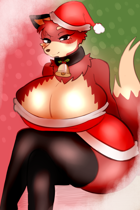 anthro bell big_breasts blush breasts canid canine christmas christmas_clothing christmas_headwear clothing collar female fox grace_(floa) hat headgear headwear holidays legwear mammal mistletoe penelopisspiss plant santa_dress santa_hat solo thick_thighs thigh_highs