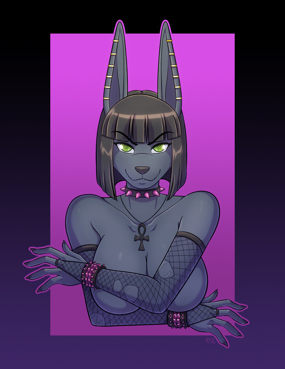 2022 5_fingers ankh anthro armwear black_hair black_nose bracelet breasts canid canine canis clothing collar conditional_dnp digital_media_(artwork) ear_piercing female fingers green_eyes hair hi_res jackal jewelry kadath looking_at_viewer mammal necklace nightshade_(kadath) piercing short_hair simple_background smile solo spiked_bracelet spiked_collar spikes