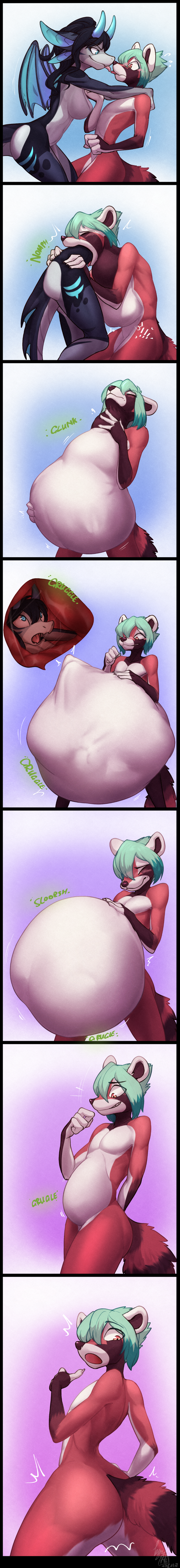 absurd_res ailurid anthro assertive_female belly big_belly big_breasts big_butt blush breasts butt butt_expansion comic digestion dragon duo expansion featureless_breasts female female_prey french_kissing girly hi_res horn internal kissing long_image looking_back lunlunfox male male/female male_pred mammal neck_bulge oral_vore organs potbelly red_panda rumbling_stomach scalie stomach surprise swallowing tall_image vore weight_gain