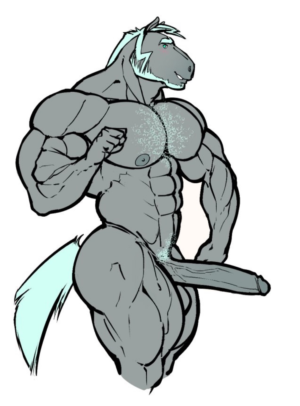 anthro big_muscles blue_hair equid equine green_eyes hair hi_res horse humanoid male mammal muscular muscular_male nipples pubes ripped-saurian solo