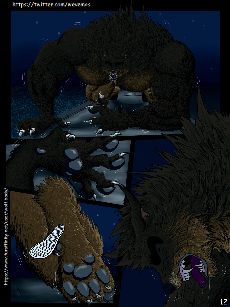 2021 all_fours anthro bodily_fluids canid canine claws clothes_falling_off comic drooling feral fur fur_growth growth handpaw hi_res male mammal muscle_growth muscular muscular_male night nude paws saliva shaking sharp_claws sharp_teeth solo species_transformation teeth torn_shoes transformation transformation_sequence trembling were werecanid werecanine werewolf wevemos